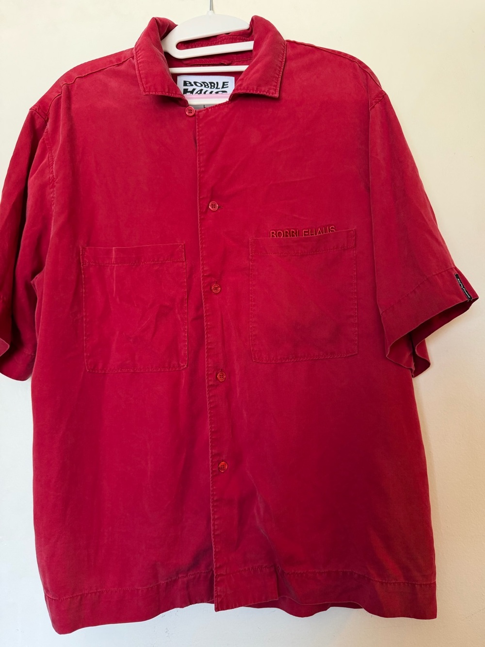 BobbleHaus Shanghai Red Tencel Deadstock Short Sleeve Button-Up Shirt Size L